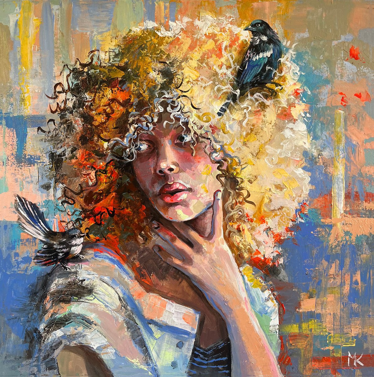 Impressionistic Portrait Acrylic Painting By Maria Kireev, 24 X 24", Like A Bird, Original Artwork