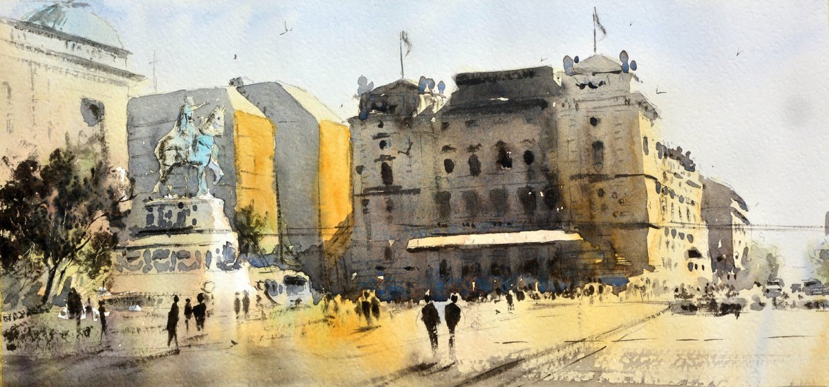 Old Republic square horizontal Beograd 17x36 cm 2020 by Nenad Kojic watercolorist