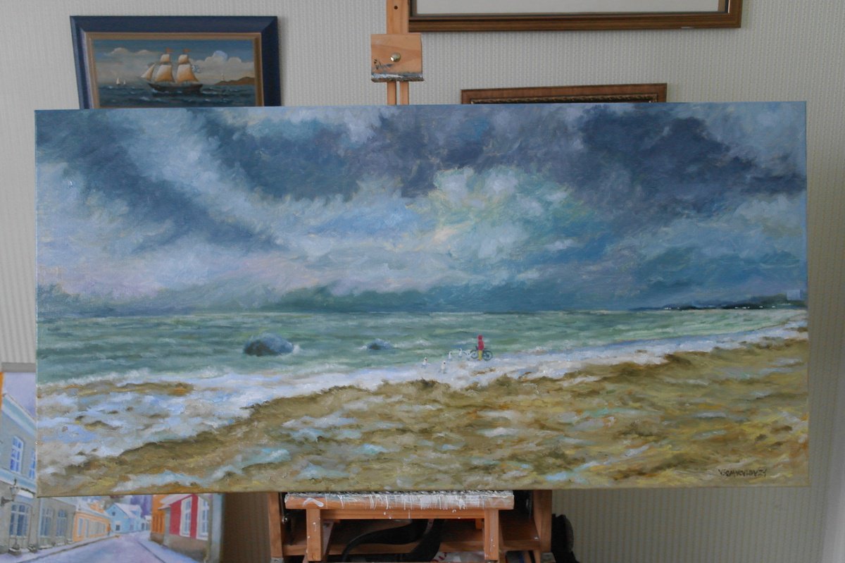 Impressionistic Landscape Oil Painting By Juri Semjonov, 39 X 20", Meeting With Swans, Original Artwork