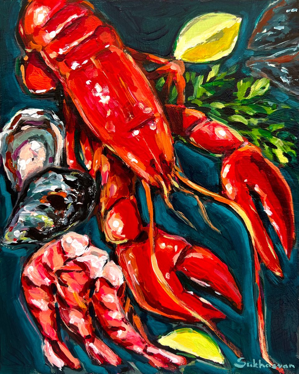 Still life with Lobster, Shrimps and Lime slices by Victoria Sukhasyan