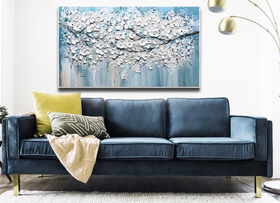 Sakura Branches - Original Abstract FlowerPainting, Abstract Painting, White Blooming Flower Painting, Size: 40 x 24 inches (100 x 60 cm)