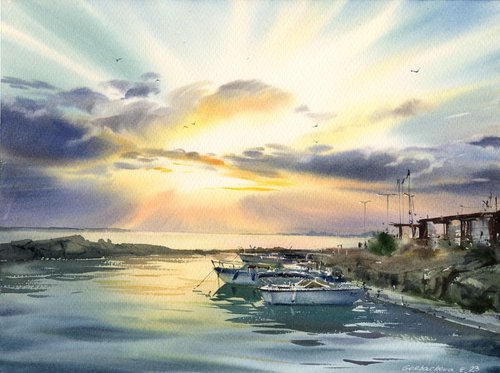 Boats on the pier Sunset #2 by Eugenia Gorbacheva