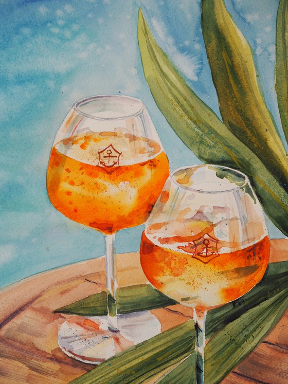 Time for two - original summer watercolor with aperol, orange and palm leaves on the wood table