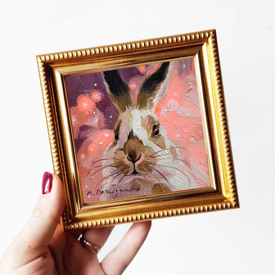 Beige white rabbit painting original pink backgroung art framed 4x4 inch, Bunny small painting oil rabbit artwork frame
