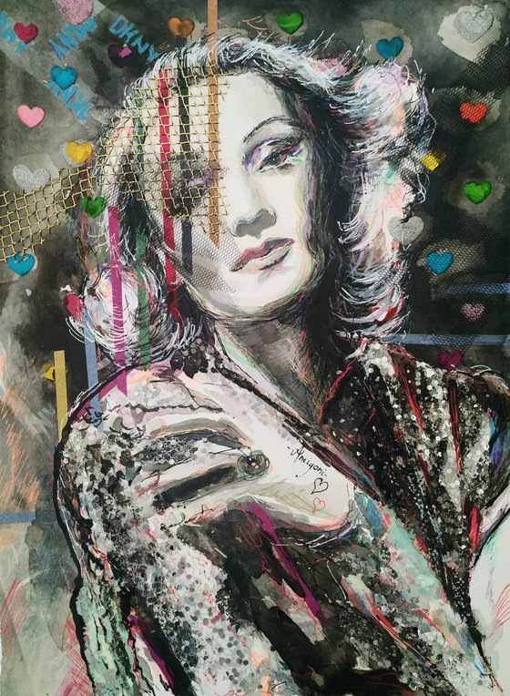 Marlene Dietrich - Portrait mixed media drawing on paper