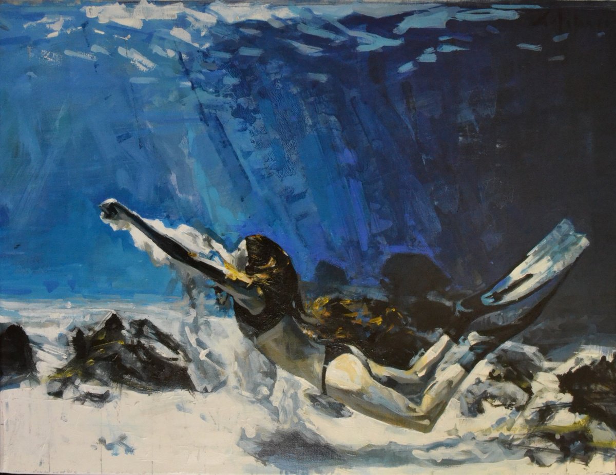 Impressionistic Landscape Oil Painting By Marco Ortolan, 31 X 24", Diving The Ocean, Original Artwork