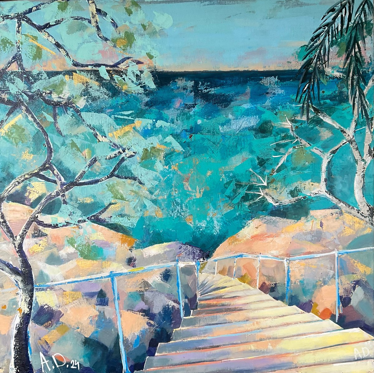 Impressionistic Landscape Acrylic Painting By Angelina Doseva, 24 X 24, Sweet Times - To The Beach, Original Artwork