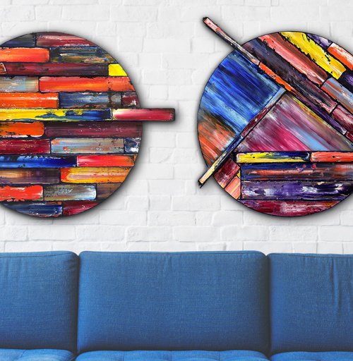 "The Gruesome Twosome" - Save As A Series - Original PMS Sculptural Oil Painting Assemblage Diptych On Circular Wooden Panels - 61 x 26 inches by Preston M. Smith (PMS)