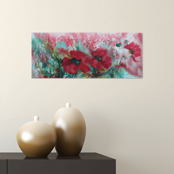 Poppy painting, Original watercolour painting, Floral Wall Art, panoramic, contemporary