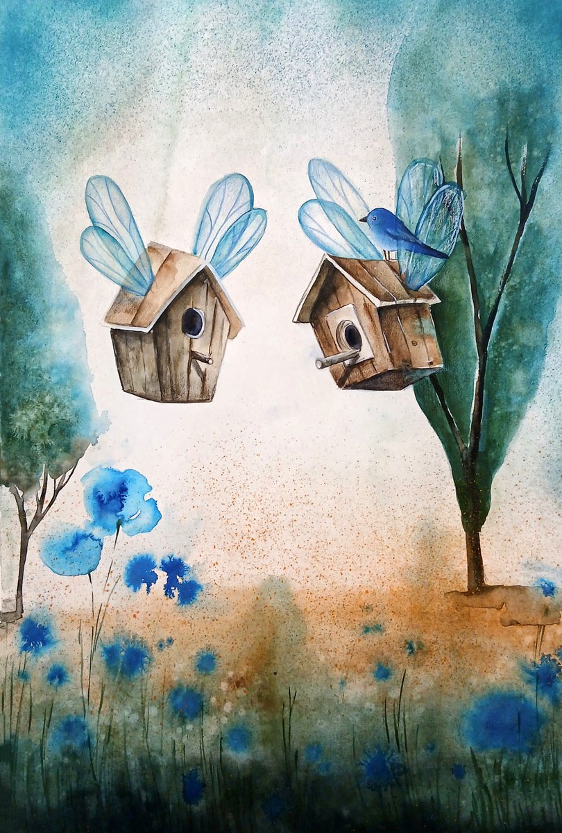 Surrealistic Landscape Painting By Evgenia Smirnova, 15 X 22, Silent Travelers, Original Artwork