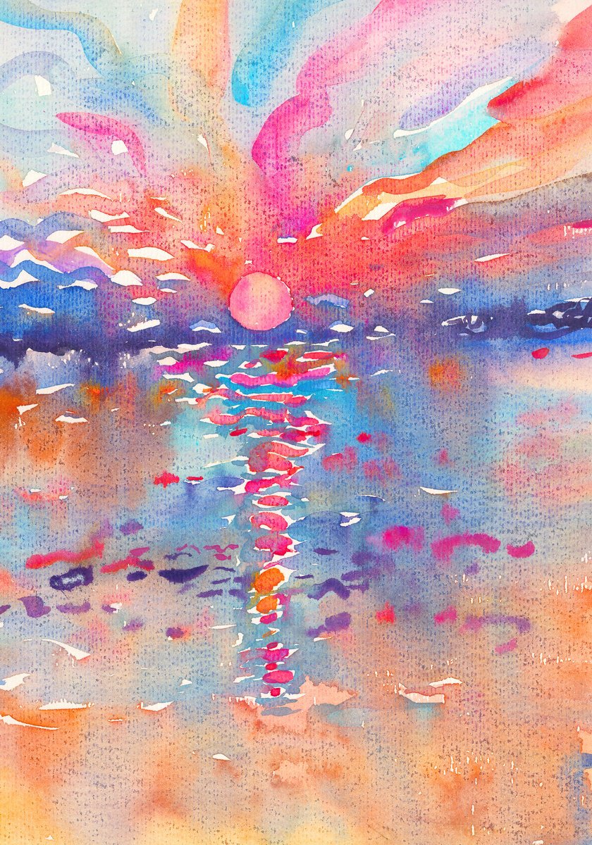 Impressionistic Landscape Watercolour By Tanbelia, 8 X 12", River Sunset In Kampie, Original Artwork