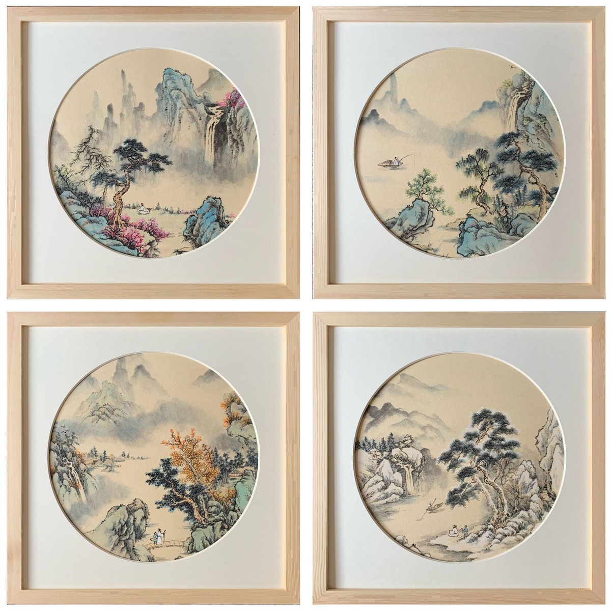 Landscape Painting of 4 Seasons, Original Brush Painting Set, Framed Square Wall Art by Fiona Sheng