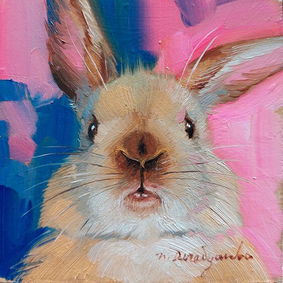 Small framed art brown nose rabbit oil painting original in blue frame 4x4 inch