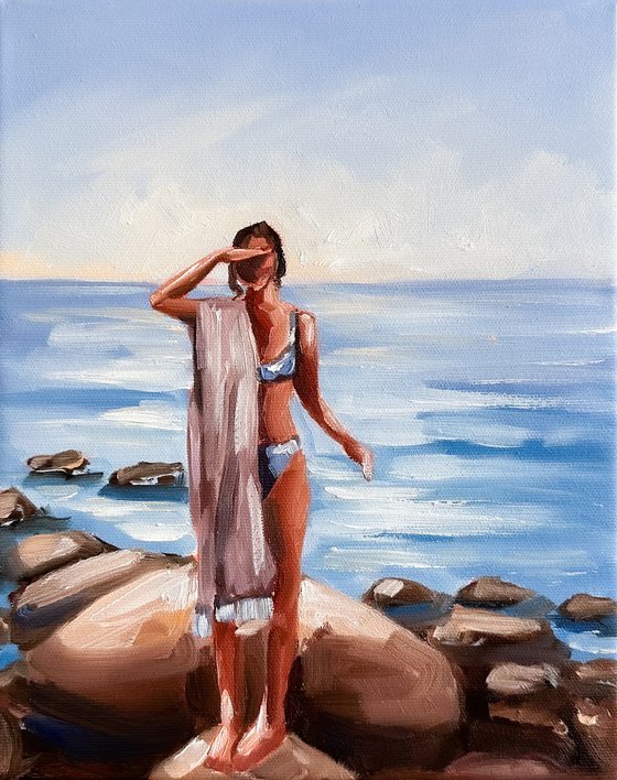 On the Rocky Beach - Woman on Coast Seaside Painting