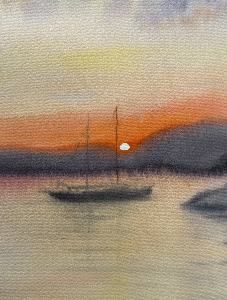 Expressive Watercolour , Orange Sunset Over Mountains By Oleksandra Padushyna, 22 X 30, Artwork For Sale On Artfinder