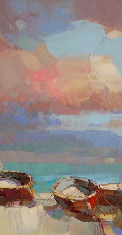 Fishing Boats, Seascape Original oil painting, Handmade artwork, One of a kind by Vahe Yeremyan