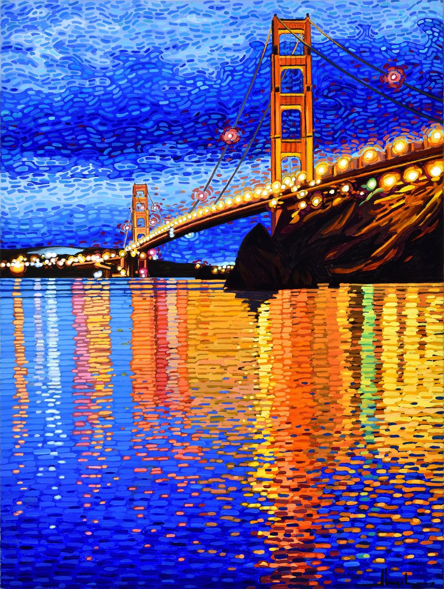 Impressionistic Landscape Acrylic Painting By Alex Nizovsky, 18 X 24, Golden Gate Bridge At Night, Original Artwork