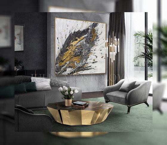 Black and White Original Abstract Painting with Gold Leaf, Silver Leaf and Metallic Accents for Modern Contemporary Home or Office Decor by Julia Apostolova