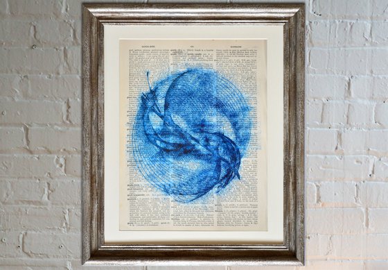 Blue Vibrations 1 - Collage Art on Large Real English Dictionary Vintage Book Page