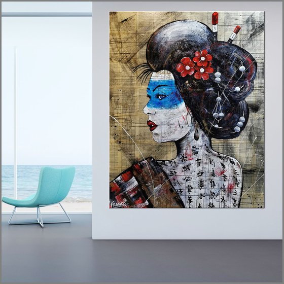 Hanako 120cm x 150cm Geisha Book Page Urban Pop Art