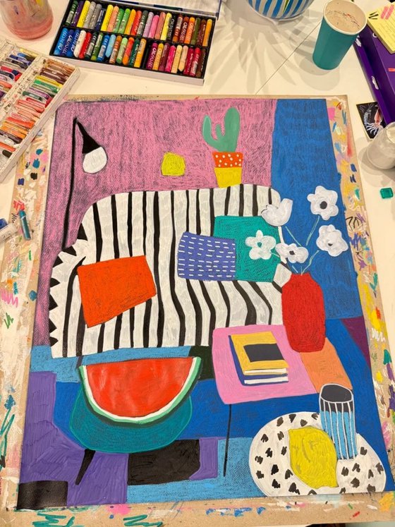 Striped interior with plants