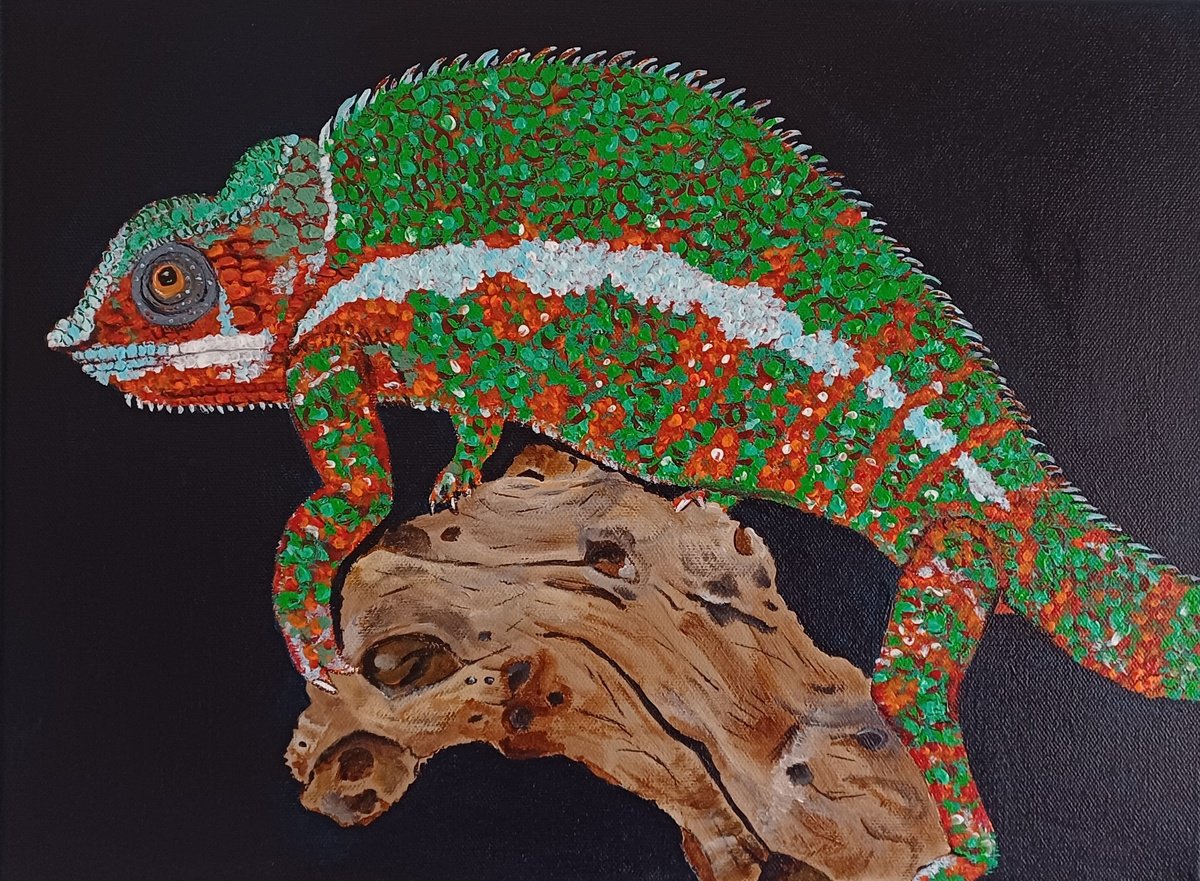 Photorealistic Animal Acrylic Painting By Corinne Hamer, 16 X 12, Panther Chameleon, Original Artwork