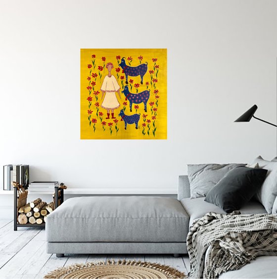 Woman Goats Original Painting