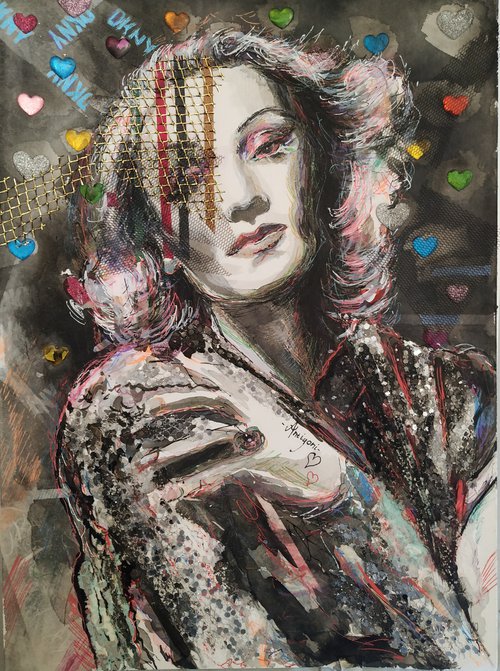 Marlene Dietrich - Portrait mixed media drawing on paper by Antigoni Tziora