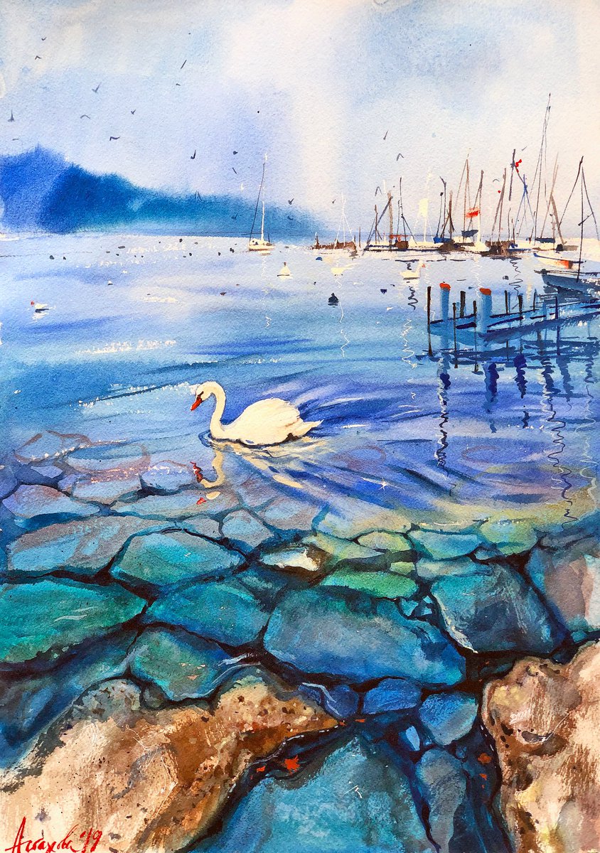 Impressionistic Landscape Watercolour By Ksenia Astakhova, 14 X 20", A Swan From Geneva, Original Artwork