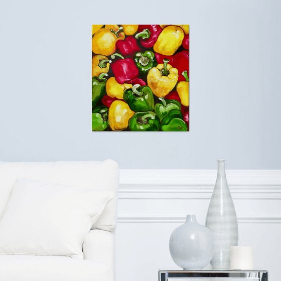 Peppers , oil painting, still life. Palette knife painting on canvas.