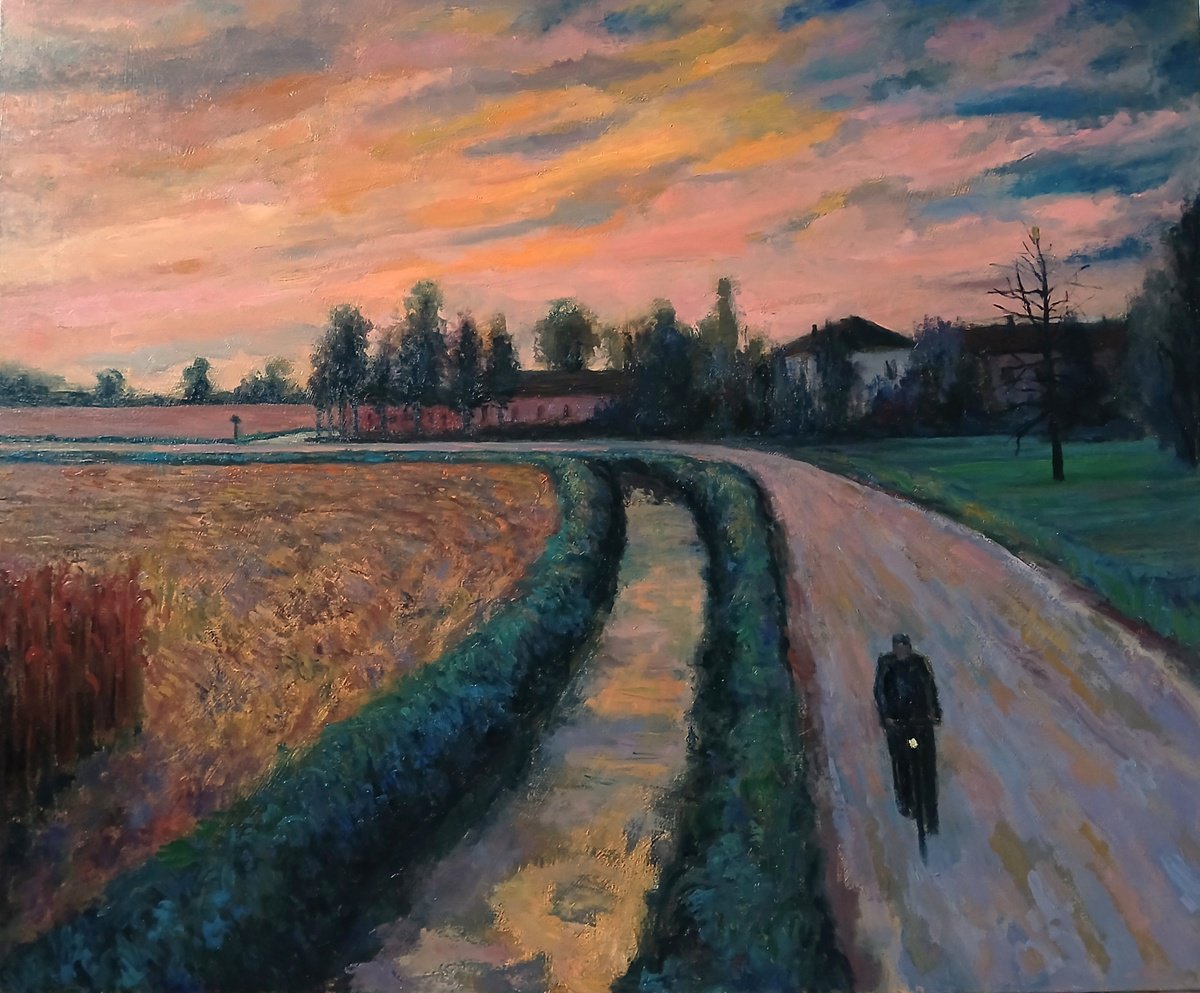 Landscape Oil Painting By Massimiliano Ligabue, 24 X 20", September Sunset, Original Artwork