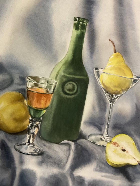 Pears wine, watercolour painting