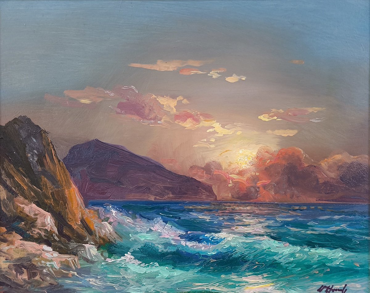 Sunset Over The Wild Sea By Mexak Xazaryan, 12 X 9, Artwork For Sale On Artfinder