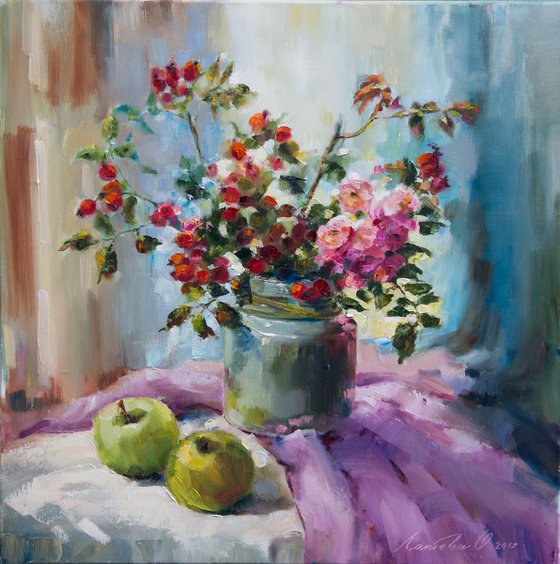 Still life with berries and green apples