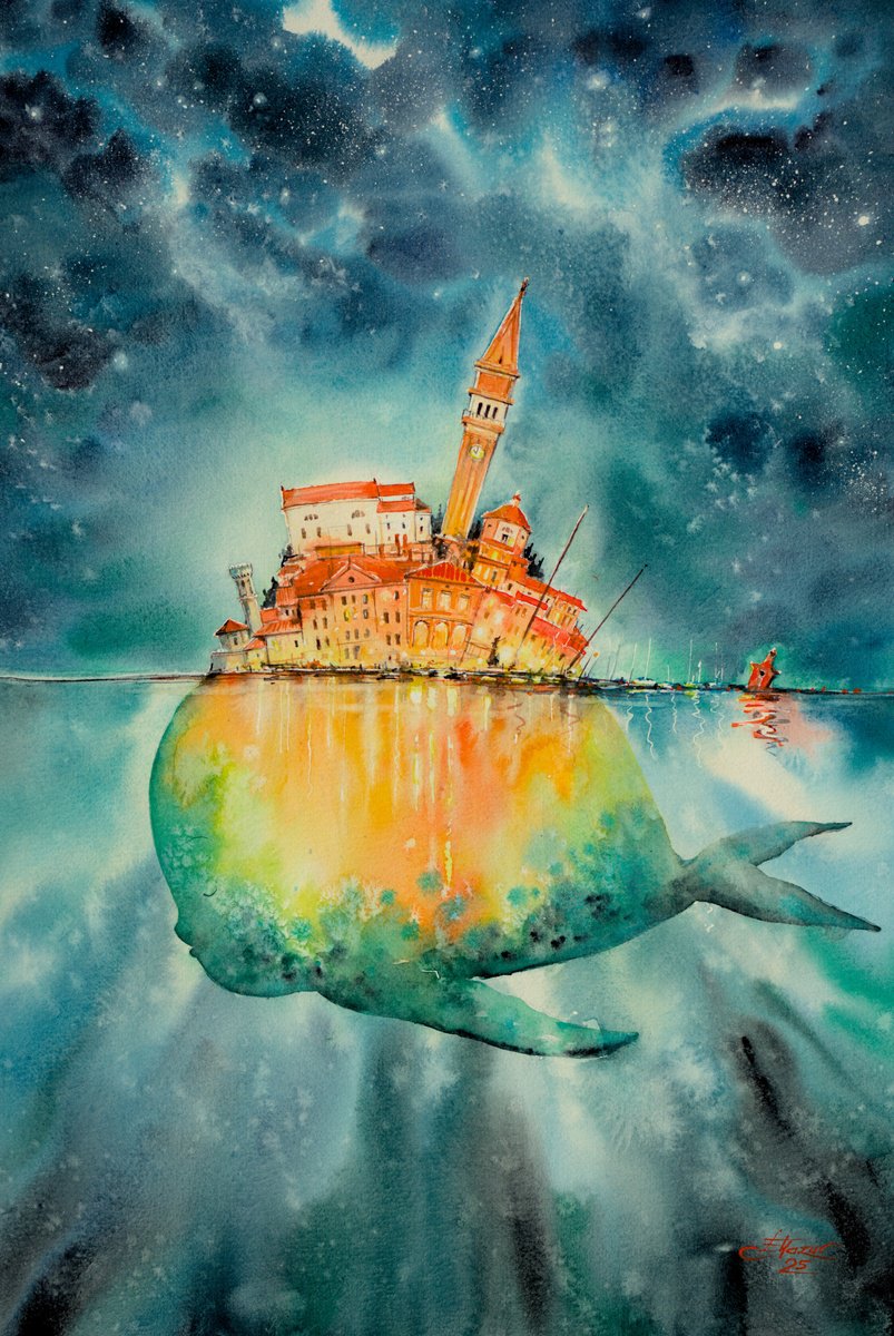 Surrealistic Animal Watercolour By Eve Mazur, 15 X 22, Magic Piran, Original Artwork