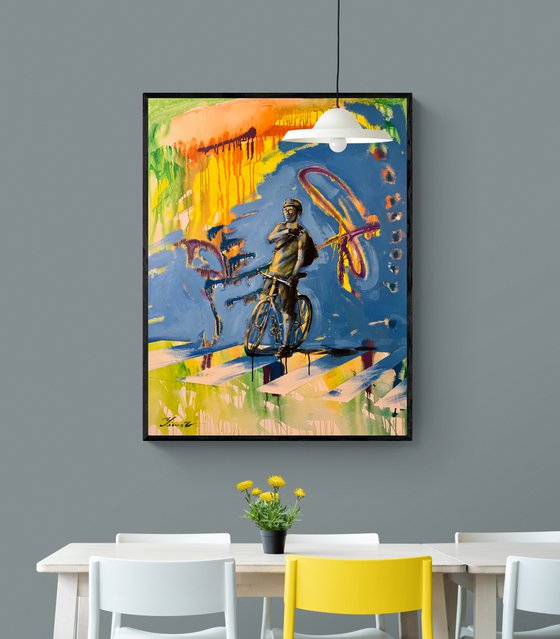 Bright painting - "Cyclist on sunset" - Urban Art - Pop Art - 2022