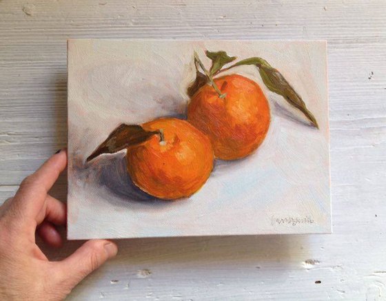 Two Mandarines Still Life Oil Painting on Canvas Board