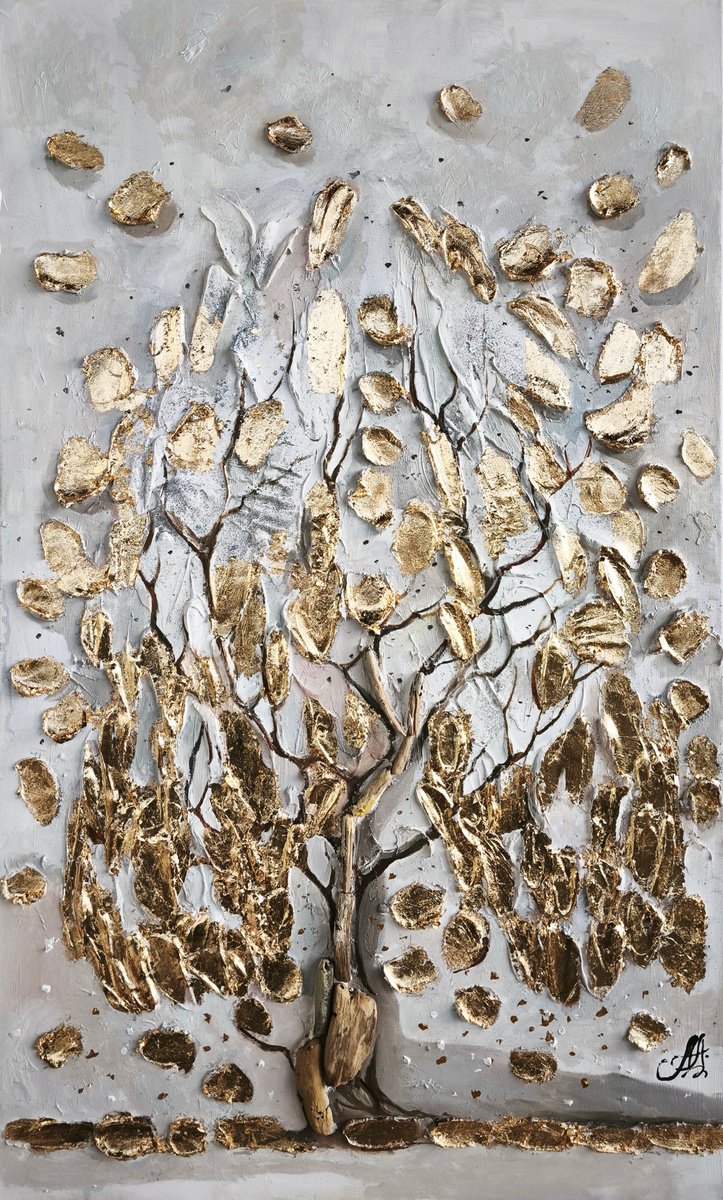 Impressionistic Abstract Oil Painting By Annet Loginova, 24 X 39, Tree With Gold And Texture, Original Artwork