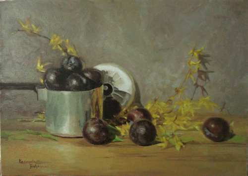 Plums and yellow blossom by Radosveta Zhelyazkova