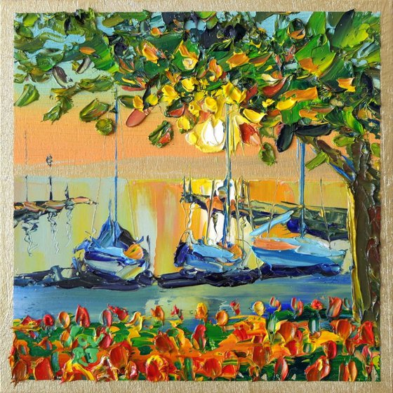 Cozy Sunset on Garda Lake, Italy Landscape, Small Oil Painting