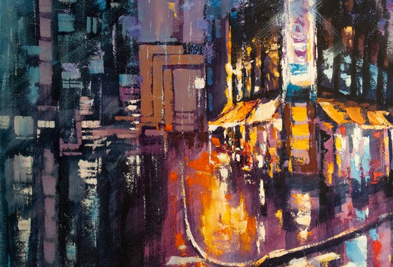 Night city after rain , big painting 80х60