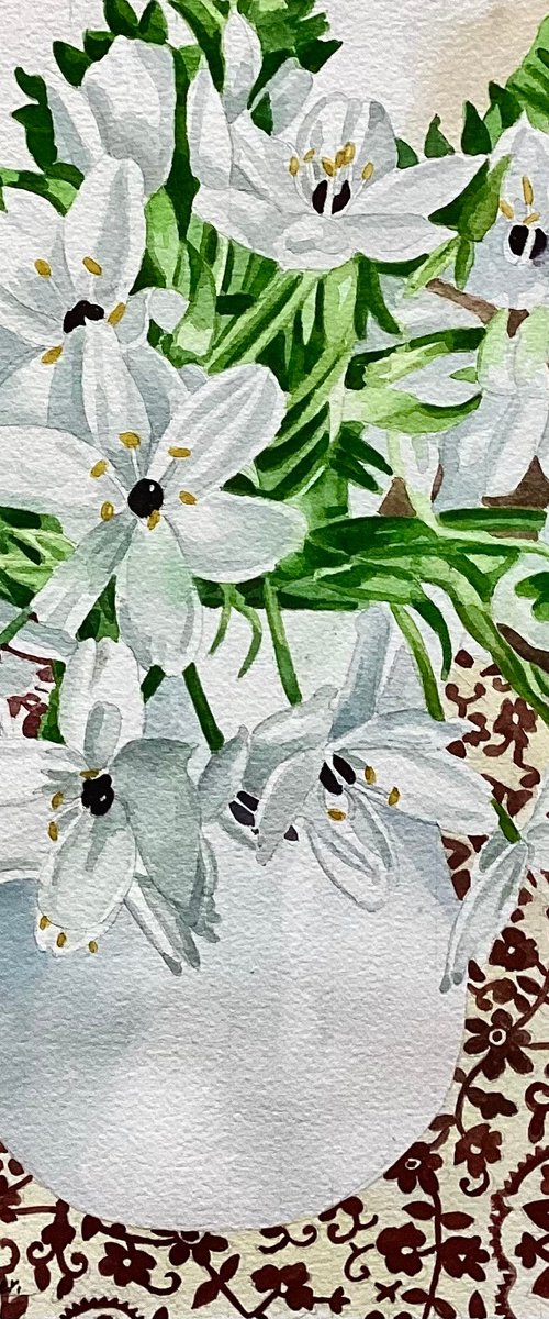 Ornithogalums  in a white vase by Rosalind Forster