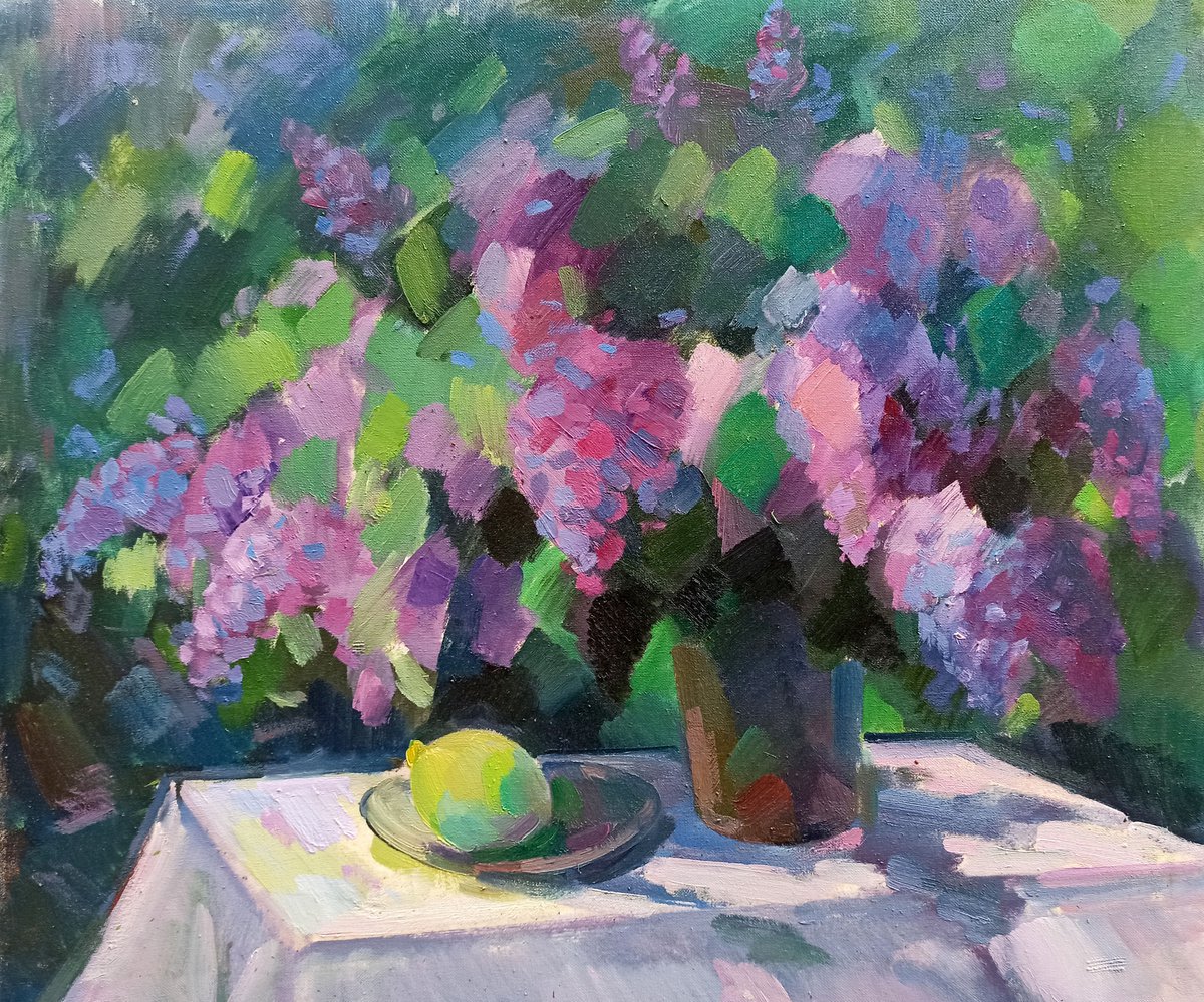 Impressionistic Landscape Oil Painting By Peter Tovpev, 28 X 24", Lilac, Original Artwork