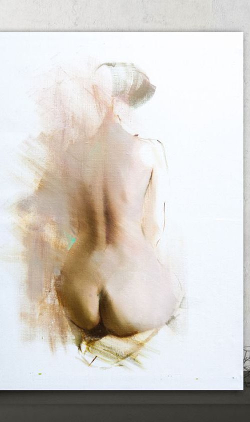 Nude Female Painting - Touching the Feather, 40x55 cm by Yuri Pysar