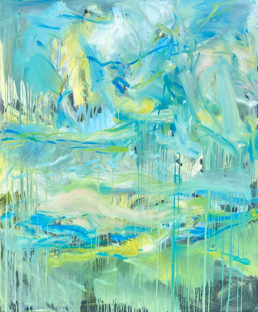 Abstract Landscape Oil Painting By Zakhar Shevchuk, 39 X 47", Birds Above The Sea, Original Artwork