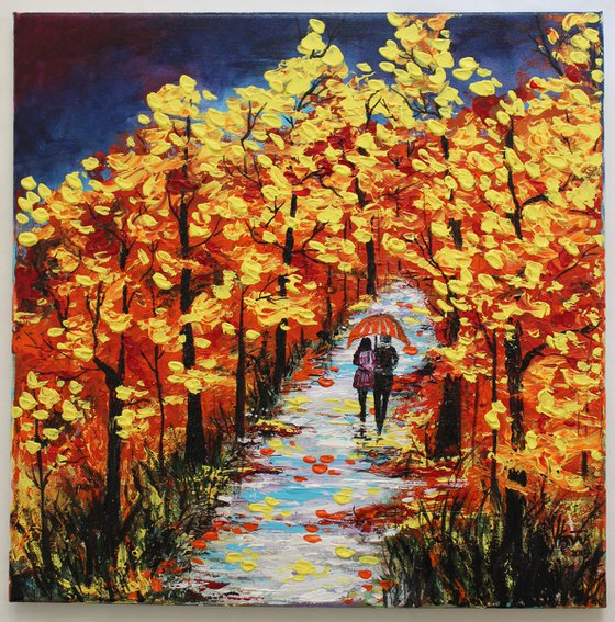 Walk in the Rain -Autumn trees -Acrylic painting on stretched canvas -Impressionistic Landscape painting