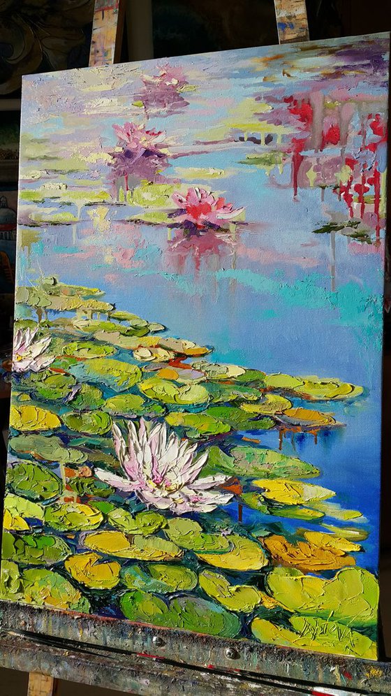 Water lilies - pond, lily, painting oil original impasto