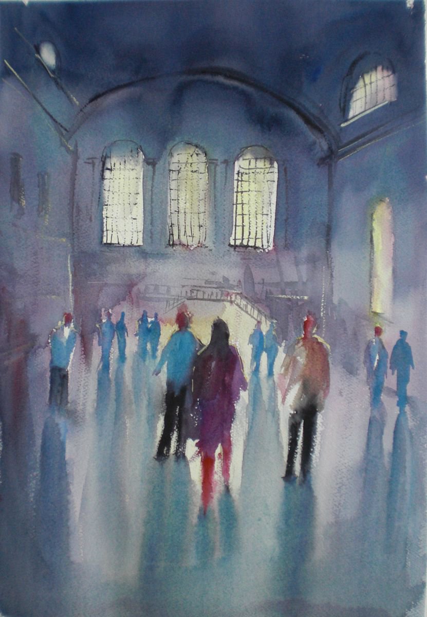 Expressive Cityscapes Watercolour By Giorgio Gosti, 13 X 18, Crowd In Railway Station, Original Artwork