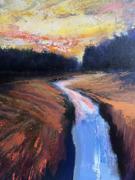 'Winter Stream III' Sunset River Reflections Warm Vibrant Colour