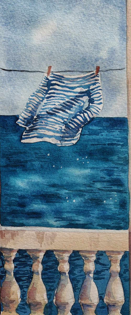 Vest in the wind - original watercolor striped shirt on a rope, mediterranean balcony, romance by Delnara El